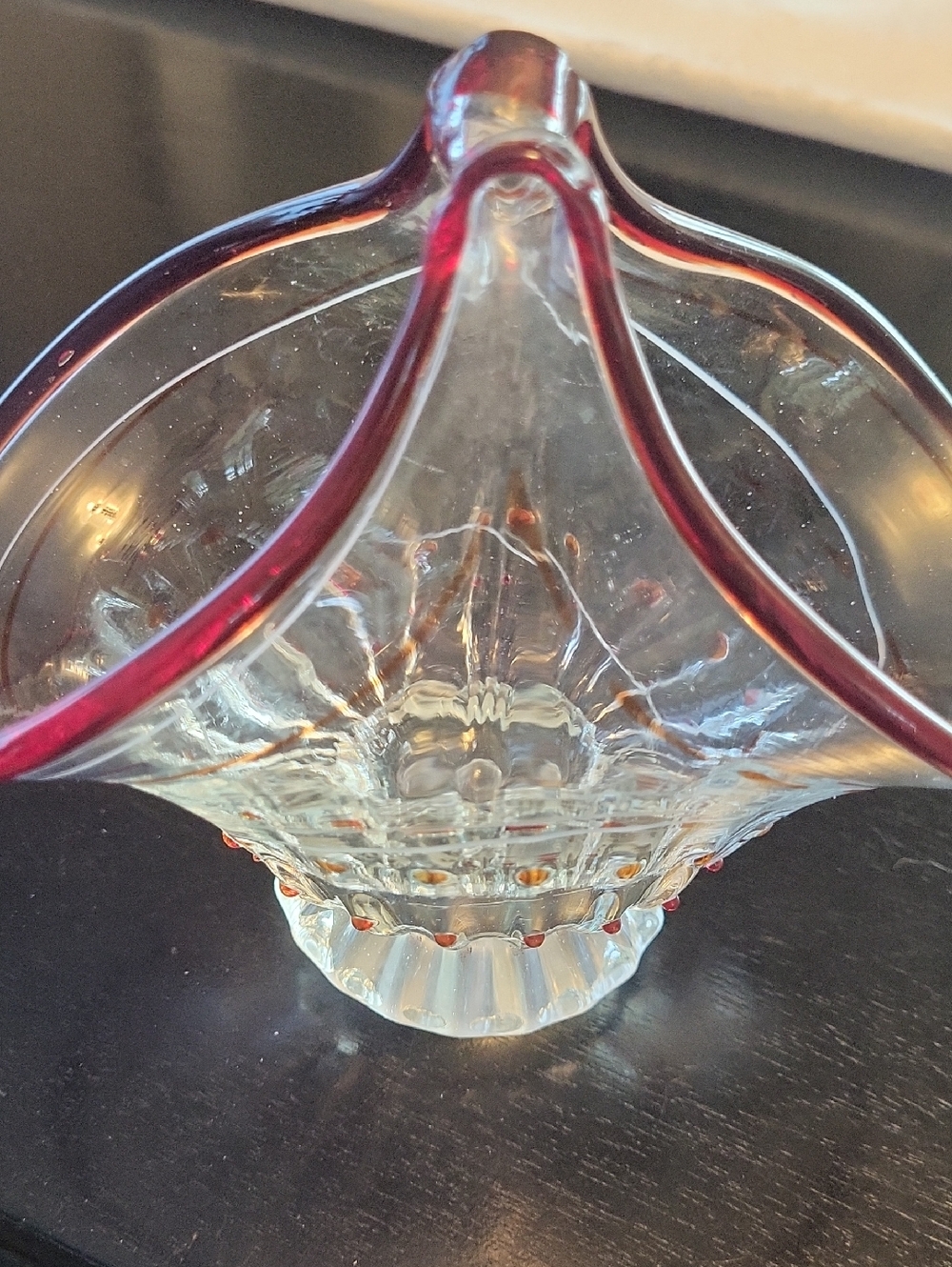 Vintage Art Glass Basket decorated with Ruby Red Trim & Dots,polished bottom